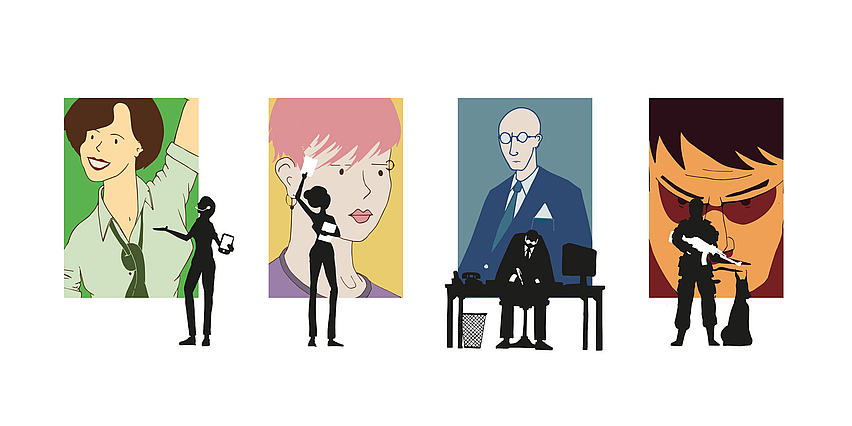 A decorative graphic illustration shows several people in front of images, pursuing different activities.