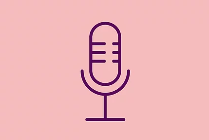 An image shows a graphic icon of a microphone, on light red background
