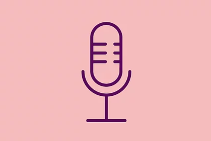 An image shows a graphic icon of a microphone, on light red background
