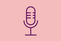 An image shows a graphic icon of a microphone, on light red background