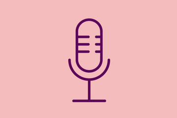 An image shows a graphic icon of a microphone, on light red background