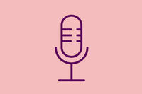 An image shows a graphic icon of a microphone, on light red background