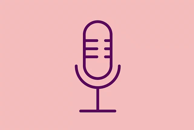 An image shows a graphic icon of a microphone, on light red background
