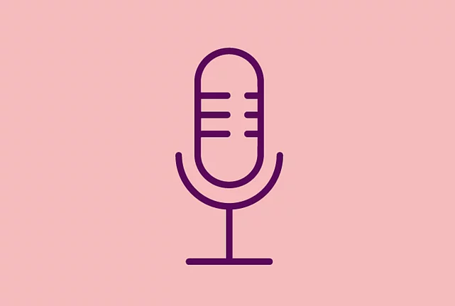 An image shows a graphic icon of a microphone, on light red background
