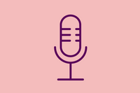 An image shows a graphic icon of a microphone, on light red background