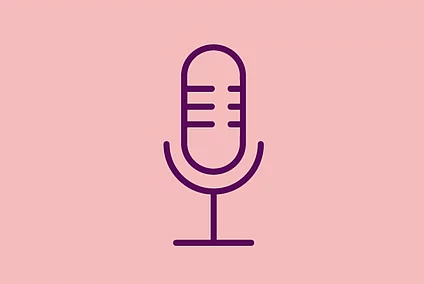 An image shows a graphic icon of a microphone, on light red background