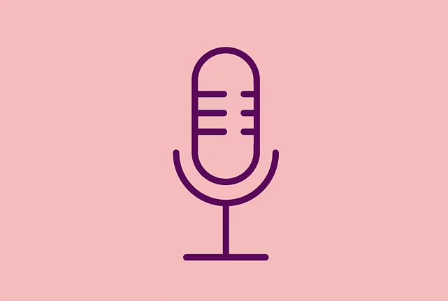 An image shows a graphic icon of a microphone, on light red background