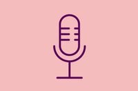 An image shows a graphic icon of a microphone, on light red background