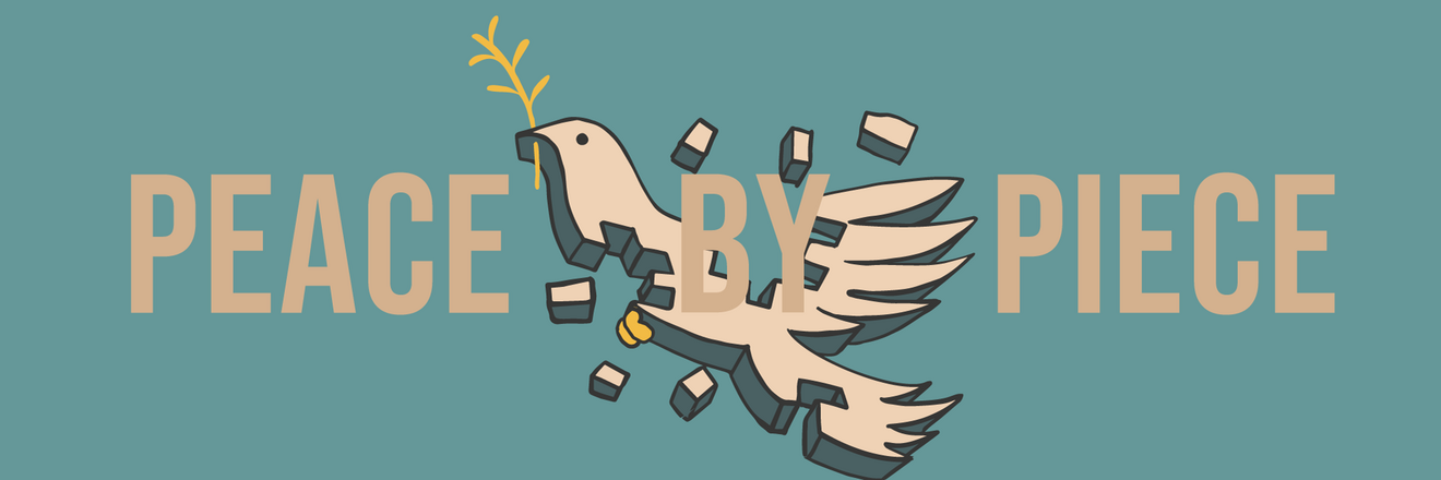 An image shows a peace dove in pieces over the headline 'Peace by Piece'