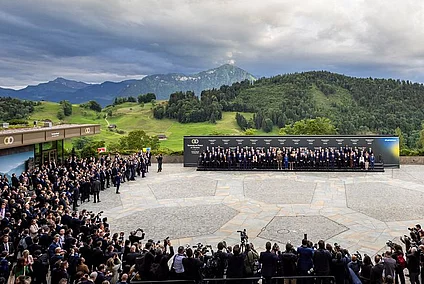 Heads of states pose for the traditional family photo group picture during the Summit on peace in Ukraine, in Stansstad near Lucerne, Switzerland, Saturday, June 15, 2024. Heads of state from around the world gather on the Buergenstock Resort in central Switzerland for the Summit on Peace in Ukraine, on June 15 and 16.