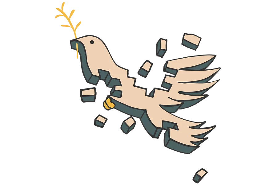 An illustration shows a peace dove, shattered into pieces.