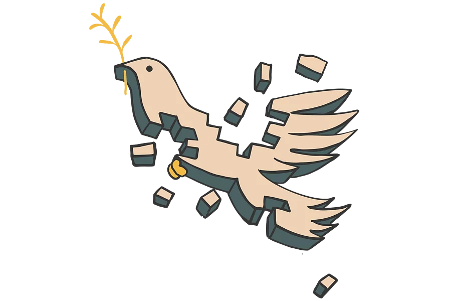 An illustration shows a peace dove, shattered into pieces.