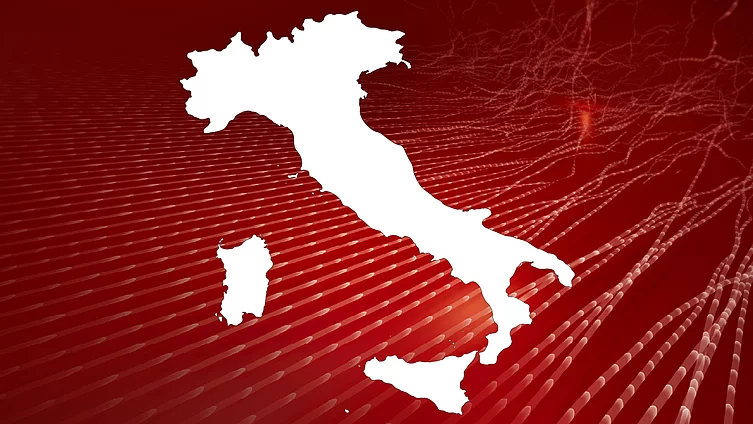 An image shows the outline of the map of Italy in front of abstract red background