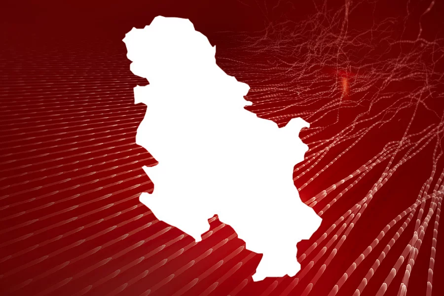 An image shows the outline of the map of Serbia in front of abstract red background