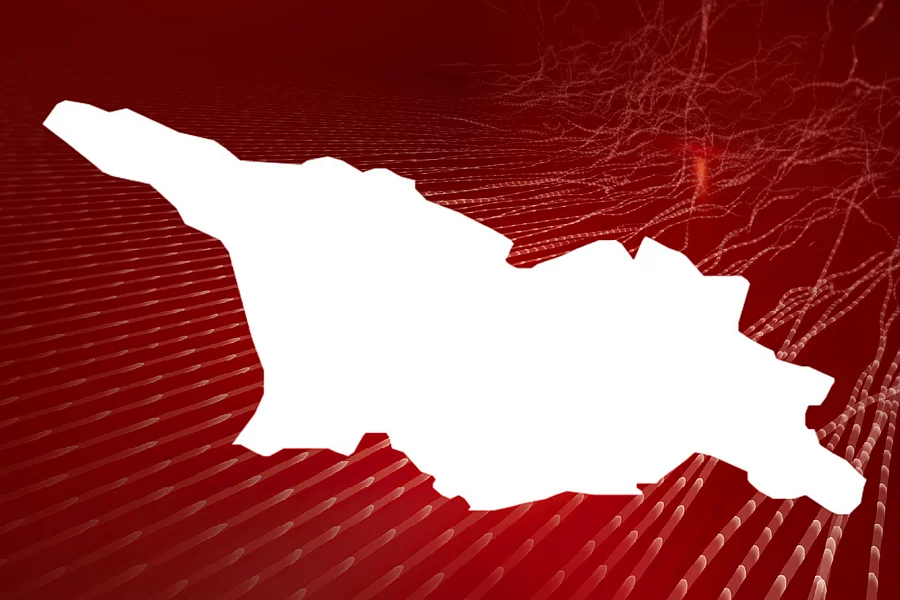 An image shows the outline of the map of Georgia in front of abstract red background