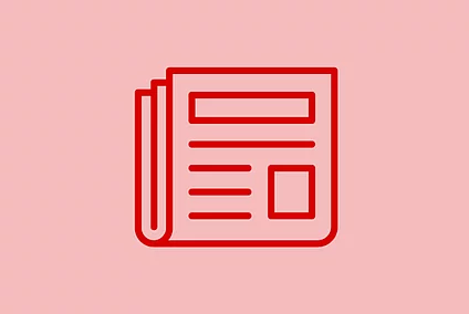 An image shows a graphic icon of a newspaper on light red background