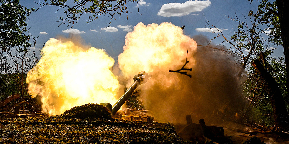 Soldiers from the artillery crew of the Striletskyi Special Forces Police Battalion of the Main Department of the National Police in the Zaporizhzhia region fire a 122-mm howitzer D-30 at the positions of Russian troops in the Zaporizhzhia region, Ukraine, on May 23, 2025. 