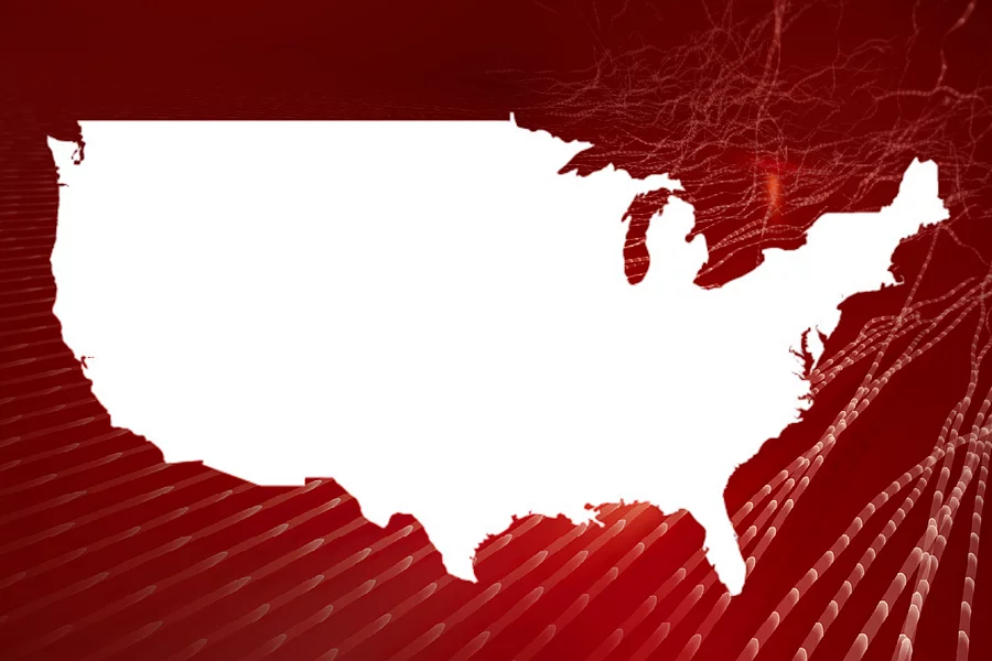An image shows the outline of the map of the United States in front of abstract red background