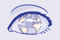 A graphic illustration shows the world reflected in the iris of an open eye.