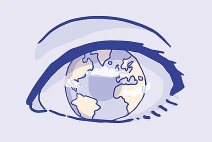 A graphic illustration shows the world reflected in the iris of an open eye.