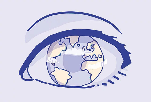 A graphic illustration shows the world reflected in the iris of an open eye.