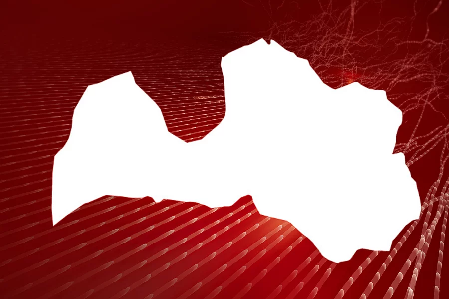 An image shows the outline of the map of Latvia in front of abstract red background