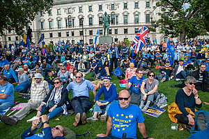 Demonstrators rally in Parliament square during a demonstration of people wanting the UK to re-join the EU hold a demonstration in London, on September 23, 2023. 