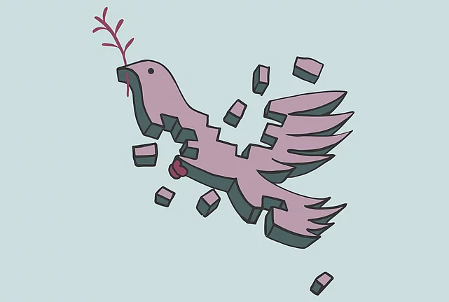 A graphic illustration shows a peace dove, shattered into pieces, against light green background