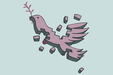 A graphic illustration shows a peace dove, shattered into pieces, against light green background