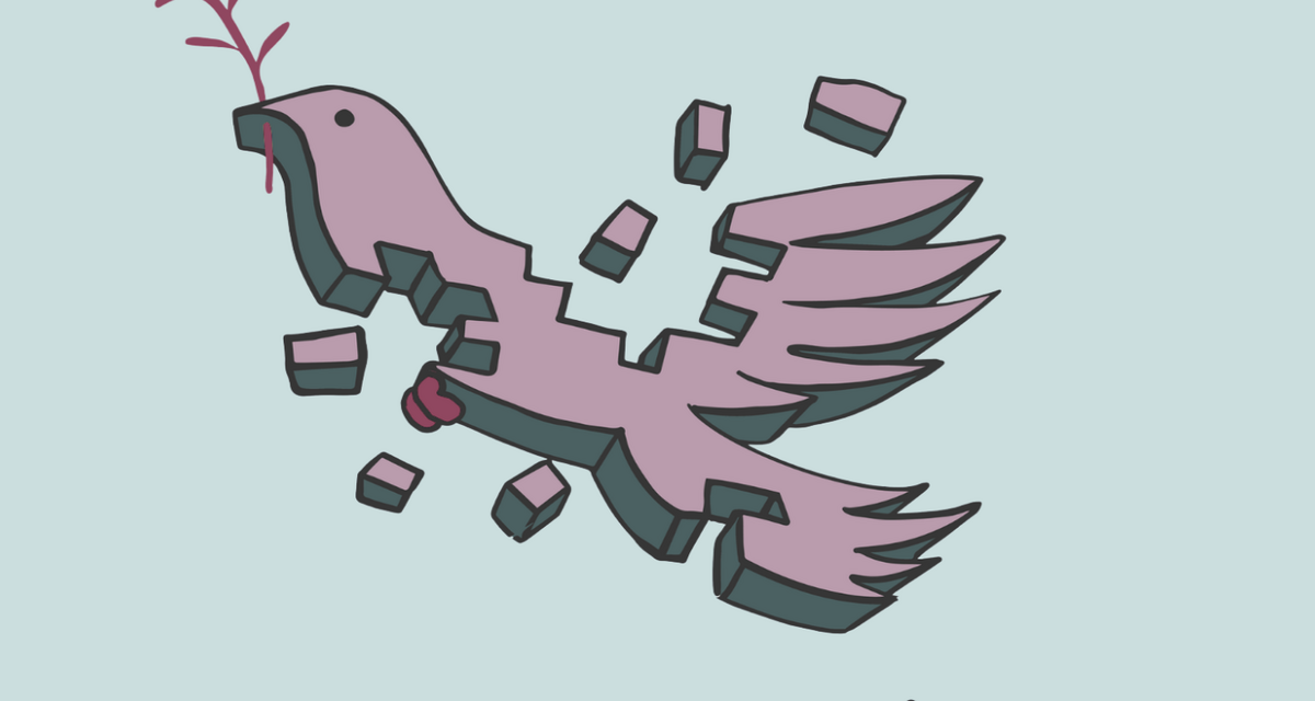 A graphic illustration shows a peace dove, shattered into pieces, against light green background
