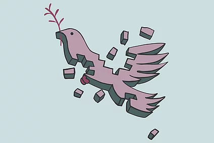 A graphic illustration shows a peace dove, shattered into pieces, against light green background
