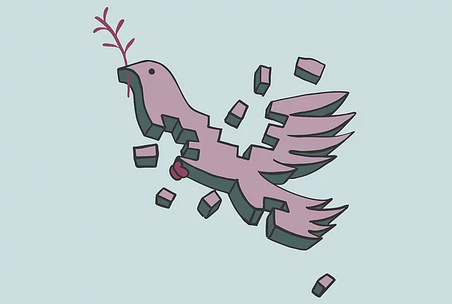 A graphic illustration shows a peace dove, shattered into pieces, against light green background