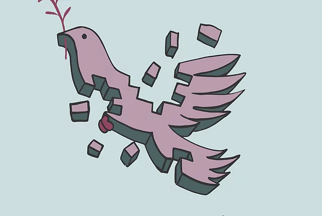 A graphic illustration shows a peace dove, shattered into pieces, against light green background