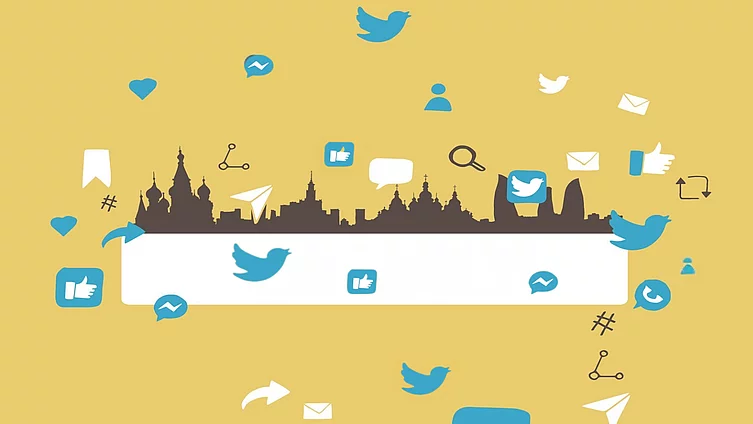 A graphic illustration shows a landscape of landmark buildings in the background, surrounded by symbols of emails, thumbs up, hearts and other symbols of modern communication