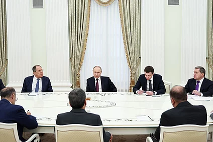 Vladimir Putin, President of Russia, attends a meeting with Abbas Araghchi, Foreign Minister of Iran, at the Moscow Kremlin.