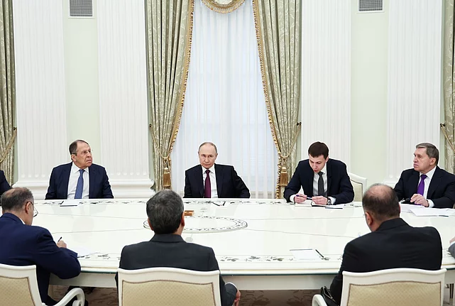 Vladimir Putin, President of Russia, attends a meeting with Abbas Araghchi, Foreign Minister of Iran, at the Moscow Kremlin.