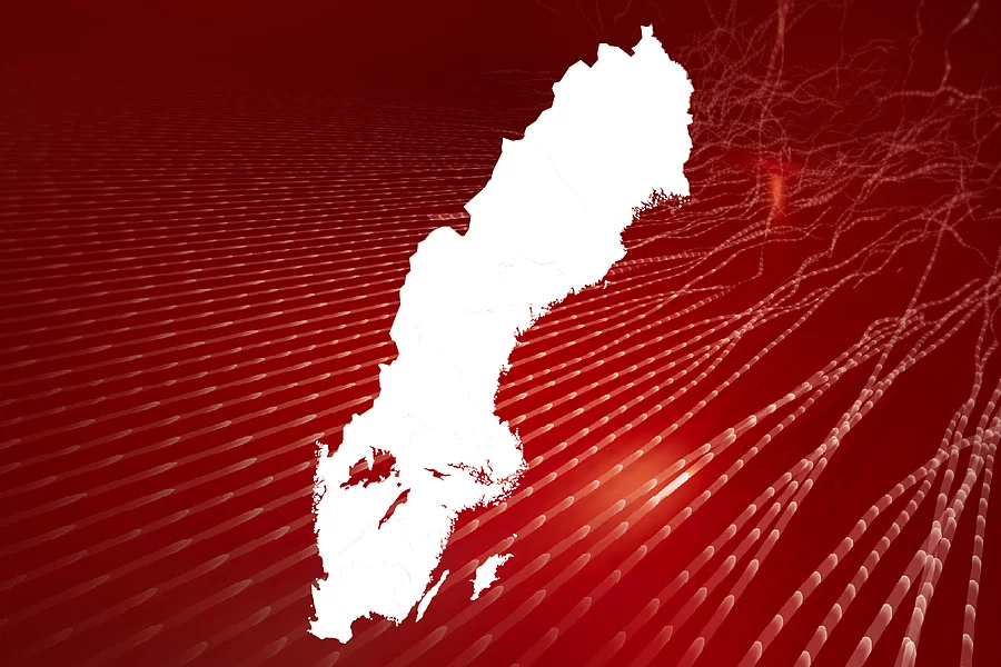 An image shows the outline of the map of Sweden in front of abstract red background