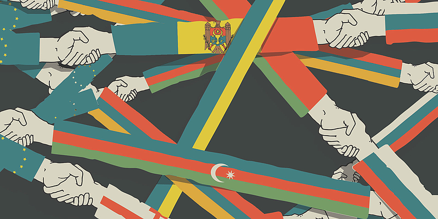 A graphic illustration shows several hands shaking one another, each arm wrapped in a different flag.