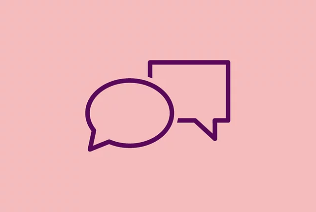 An image shows a graphic icon of two speech bubbles over light red background