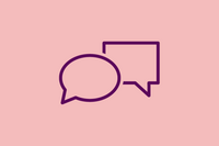 An image shows a graphic icon of two speech bubbles over light red background