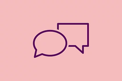 An image shows a graphic icon of two speech bubbles over light red background
