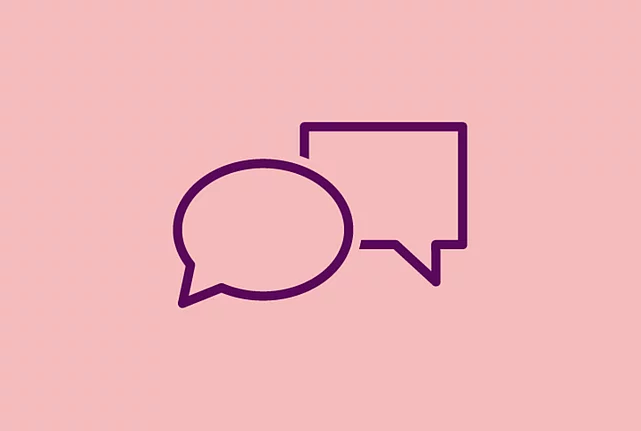An image shows a graphic icon of two speech bubbles over light red background
