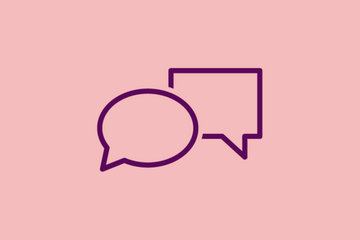 An image shows a graphic icon of two speech bubbles over light red background