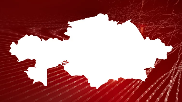 An image shows the outline of the map of Kazakhstan in front of abstract red background
