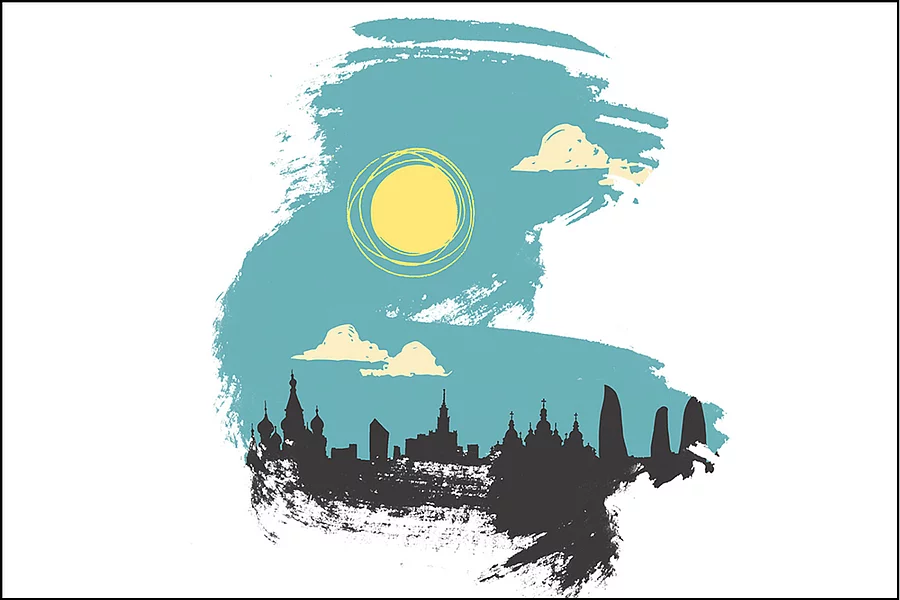 A graphic illustration shows a brushstroke of a landscape.