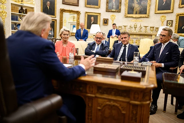 August 18, 2025, Washington, District Of Columbia, USA: President Donald Trump meets with U.K. Prime Minister Keir Starmer, Italian Prime Minister Giorgia Meloni, European Commission President Ursula von der Leyen, German Chancellor Friedrich Merz, French President Emmanuel Macron, Finnish President Alexander Stubb, Ukrainian President