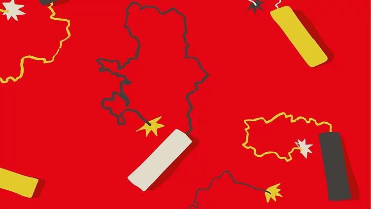 A graphic depicts country borders as a single continuous line, stylized to resemble the fuse of a lit bomb.