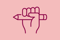 An image shows a graphic icon of a raised fist holding a pen, in front of light red background
