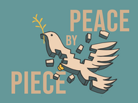 An image shows a peace dove in pieces over the headline 'Peace by Piece'