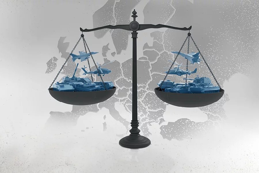 A graphic illustration shows a scale weighing fighter jet planes against the backdrop of a map of Europe